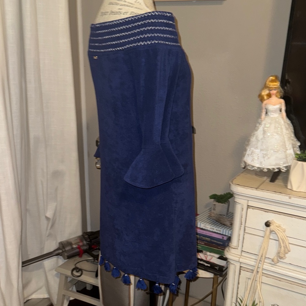 Elegant Blue Off-Shoulder Dress - Cabana Life - Navy Blue Terrycloth & tassels S - Picture 5 of 12